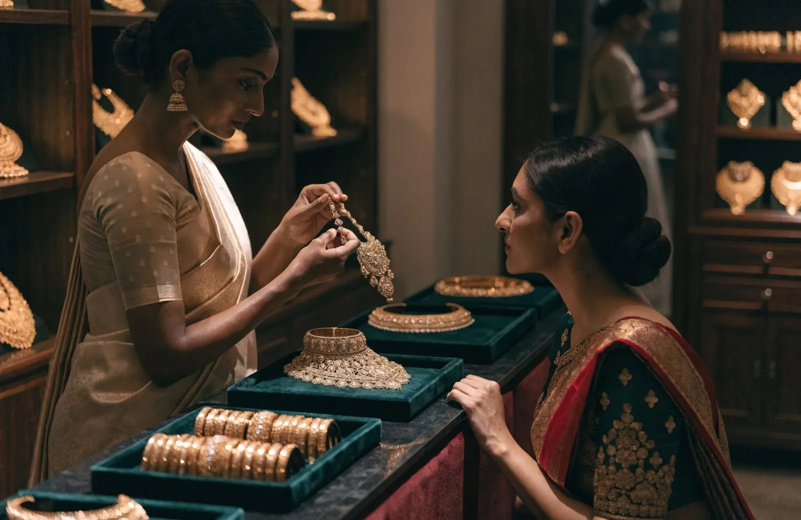 Gold jewellery displayed on velvet trays in a rental boutique