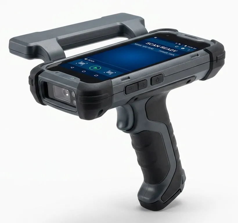 A rugged handheld UHF RFID reader with a pistol grip and touchscreen