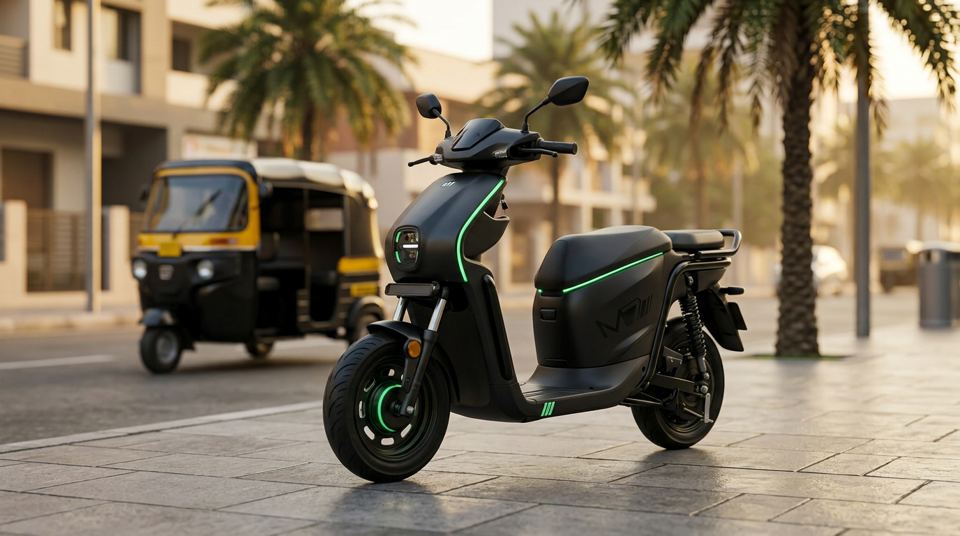 Electric scooter rental fleet on Indian city street